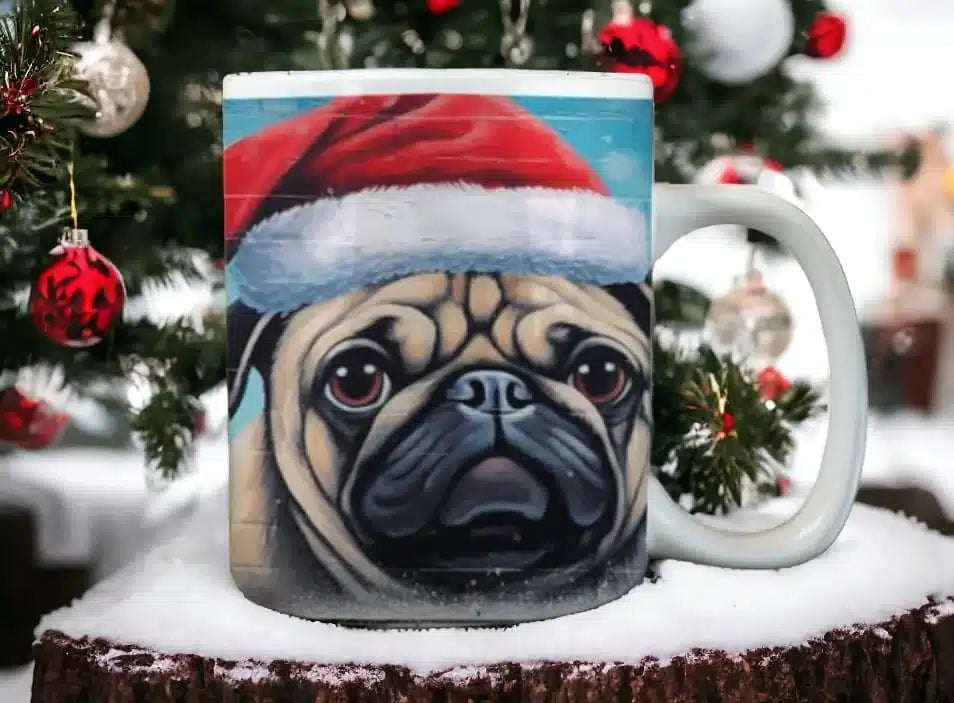 Cana personalizata, Catelus Pug de Craciun Model 1, Ceramica, Alb, 350 ml