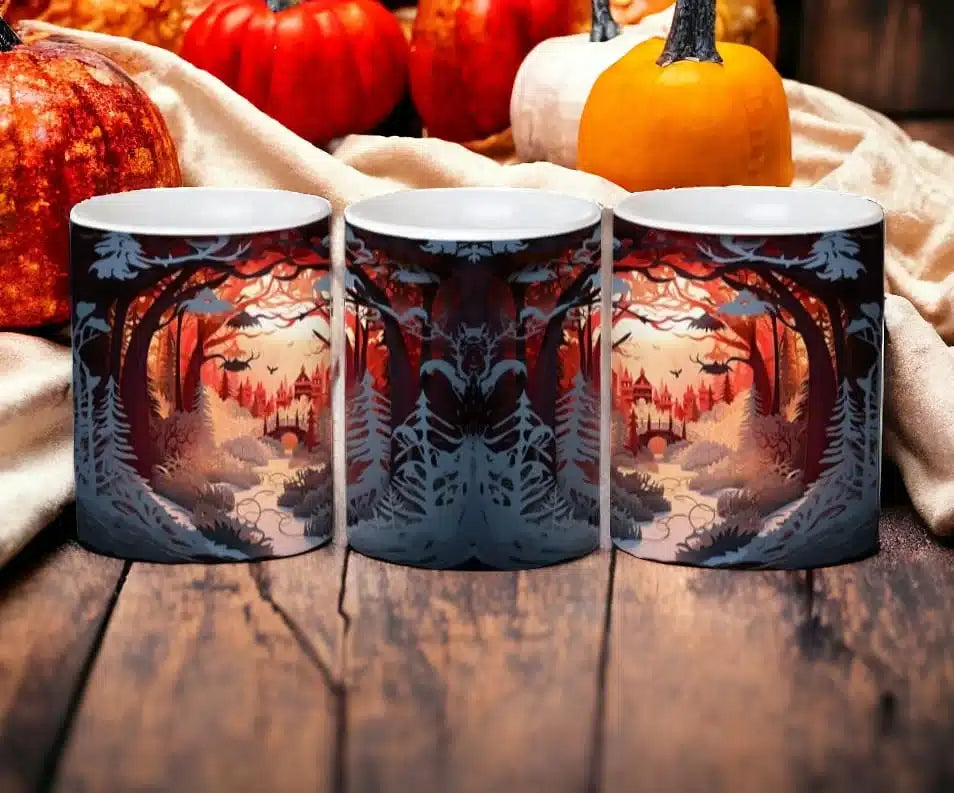 Cana personalizata, Atmosfera de Halloween, Ceramica, Alb, 350 ml