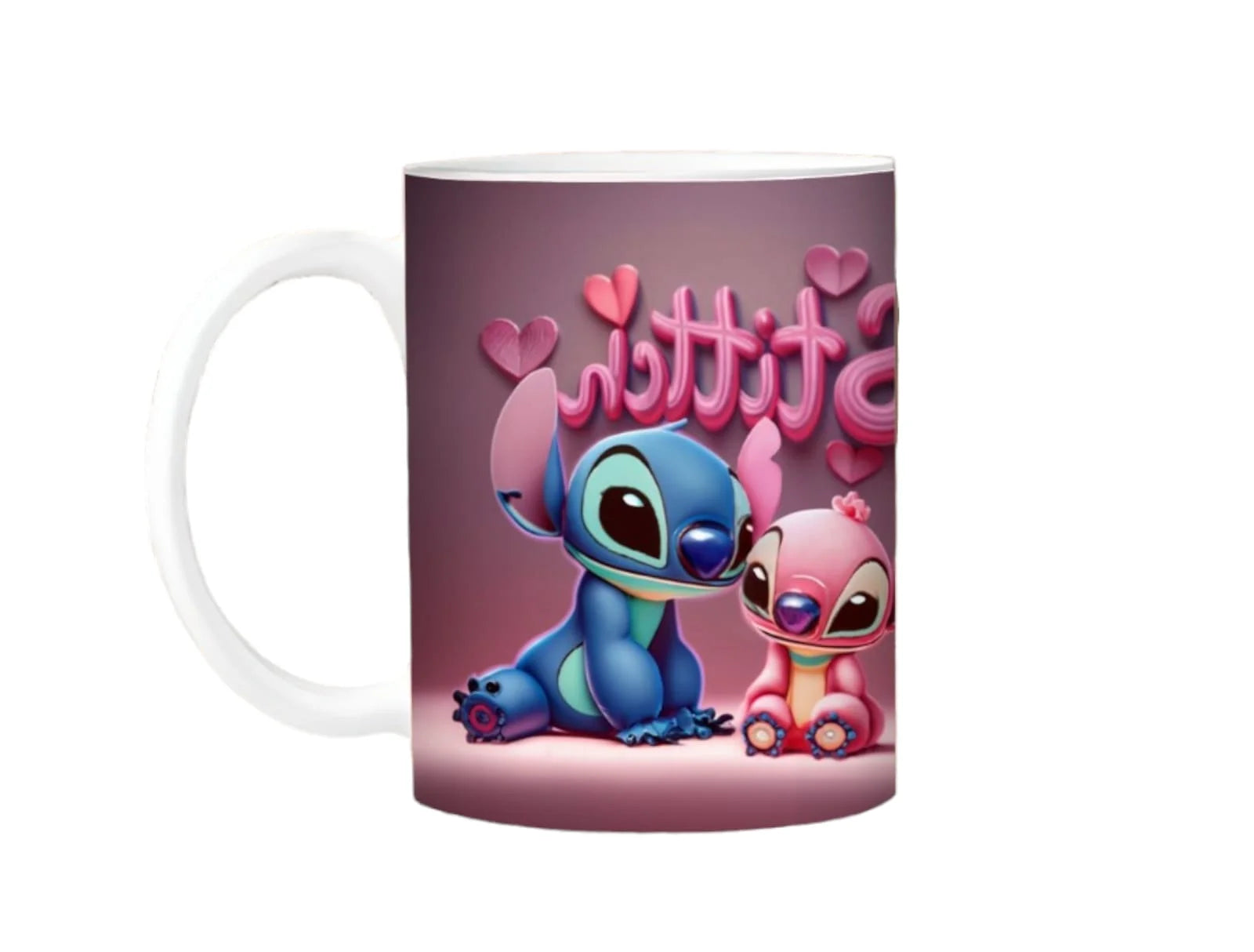 Cana personalizata, Iubesc Stitch si Angel Model 6 , Ceramica, Alb, 350 ml