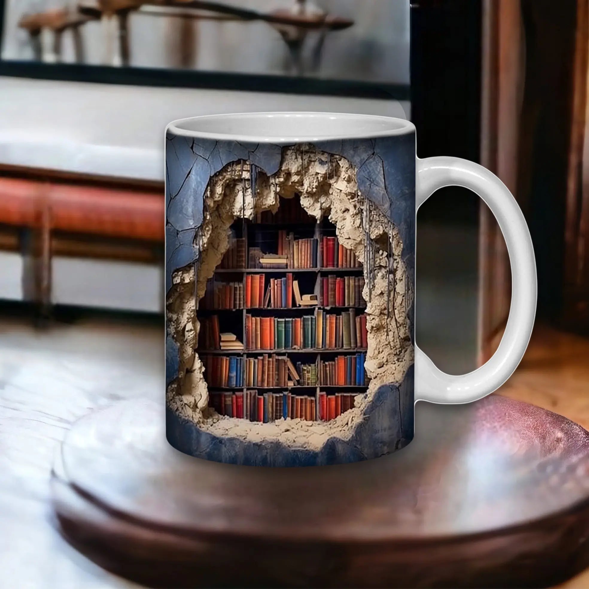 Cana personalizata, 3D, Bibliotecă în perete, Ceramica, Alb, 350 ml